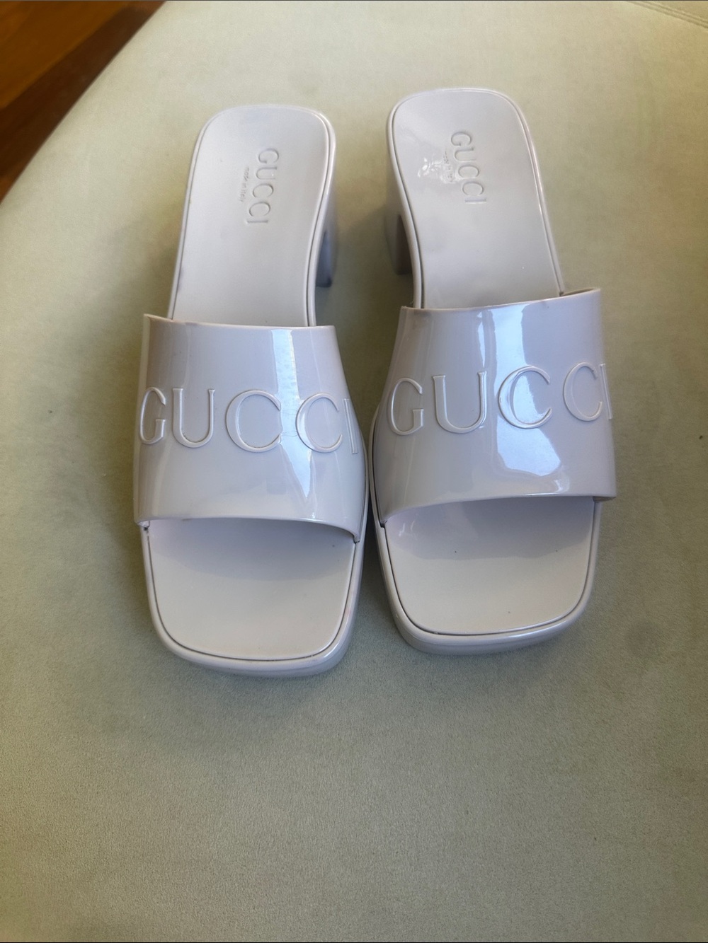 Gucci White Patent Logo Slide Mules